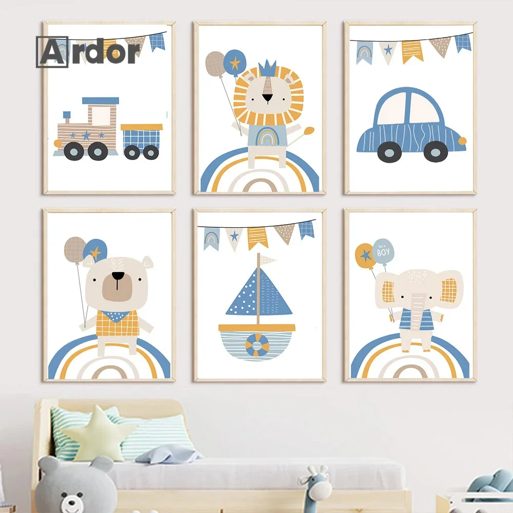 Animals Bear Lion Car Airplane Rainbow Balloon Nursery Print Nordic Poster Wall Art Canvas Painting Pictures Boy Kids Room Decor