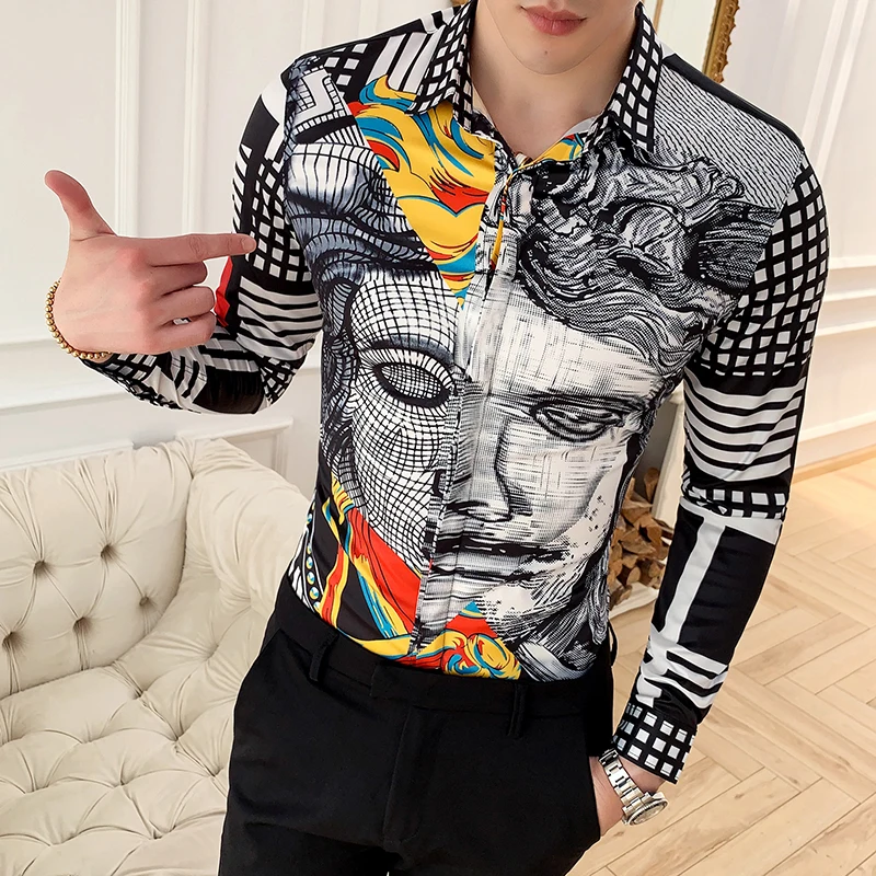 Luxurious Fashion Print  Slim Fit Mens Long-sleeved Shirt High-end Social Brand Social Male Club Prom Shirts  festival hombre