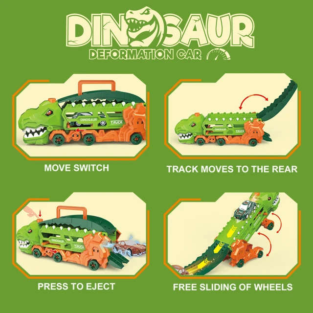 Transport Dinosaur Truck with Foldable Sliding Race Track, Transforms into Standing T-Rex & Trike, Best Birthday Gift for Kids 2