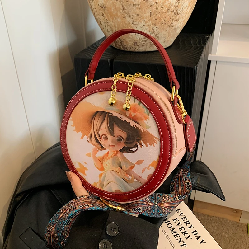 

Round Handbag Cut Cartoon Girls Printing Shoudler Bags For Lady 2024 Mini Crossbody Phone Purse Bolsa Circular Tote Sac A Main