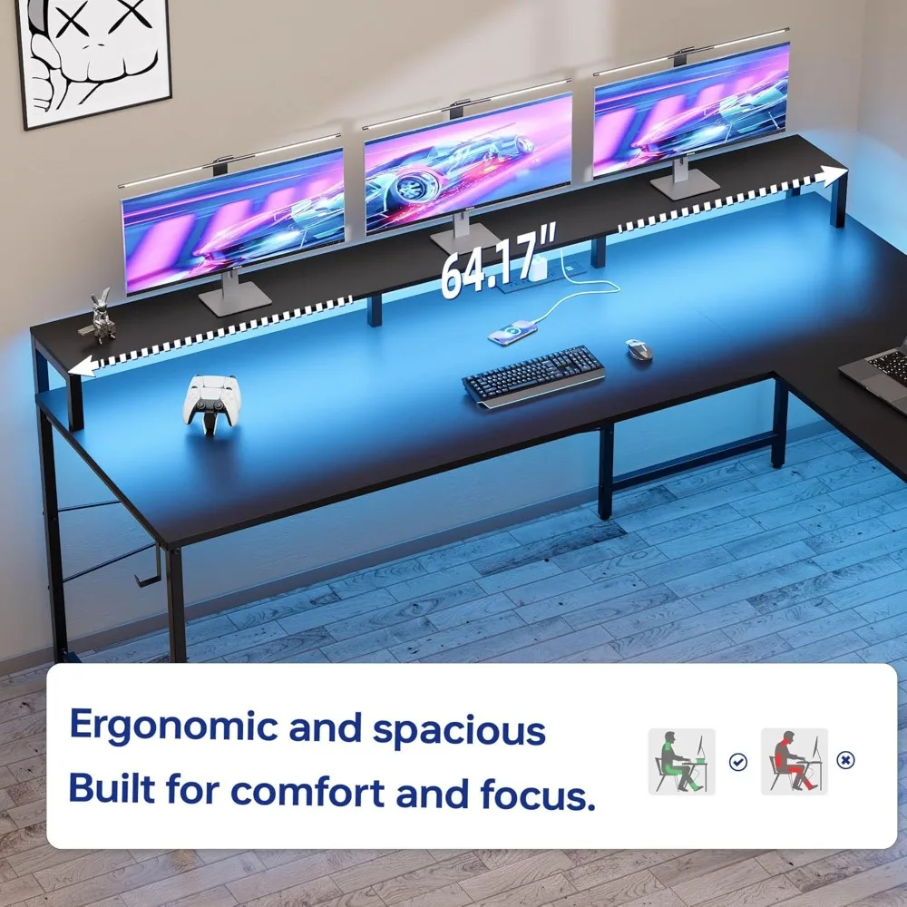 64 Inch L-Shaped Gaming Desk with Power Outlets, LED Lights, Monitor Stand & Pegboard for Home Office