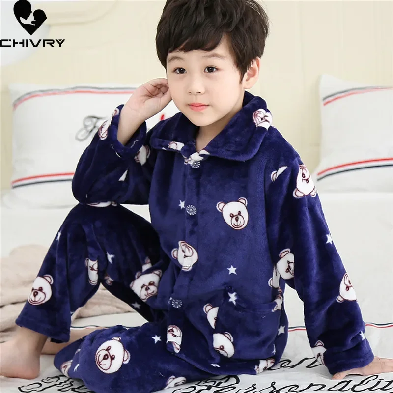 New Kids Flannel Pajama Sets Boys Girls Autumn Winter Thicken Warm Home Wear Cartoon Lapel Long Sleeve Sleeping Clothing Sets