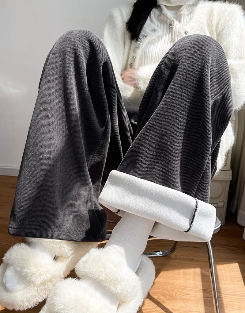 Winter Solid Color Plus Fleece Straight Pants Women Double Buttons Thicken Warm Corduroy Trousers Casual Comfortable Plush Pant