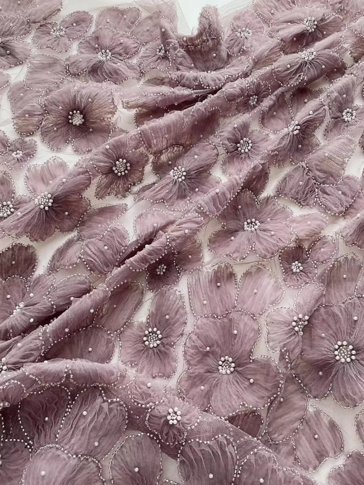 High-grade grape purple embroidery pearl hook lace fabric dress wedding dress cheongsam strap skirt custom fabric