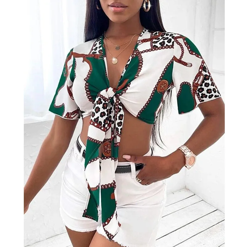 

Europe and the United States new bow tie sexy shirt short sleeve printed top
