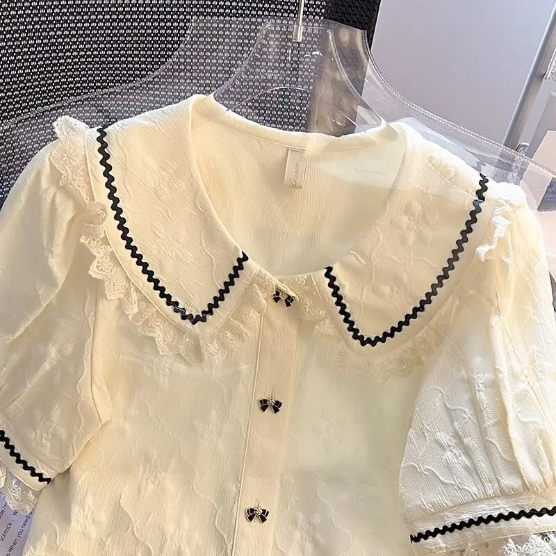 피터팬 칼라 셔츠 여성 카와이 레이스 부드러운 유행 프랑스 스타일 Mujer Blusas 여름 새로운 디자인 우아한 퍼프 슬리브 옷