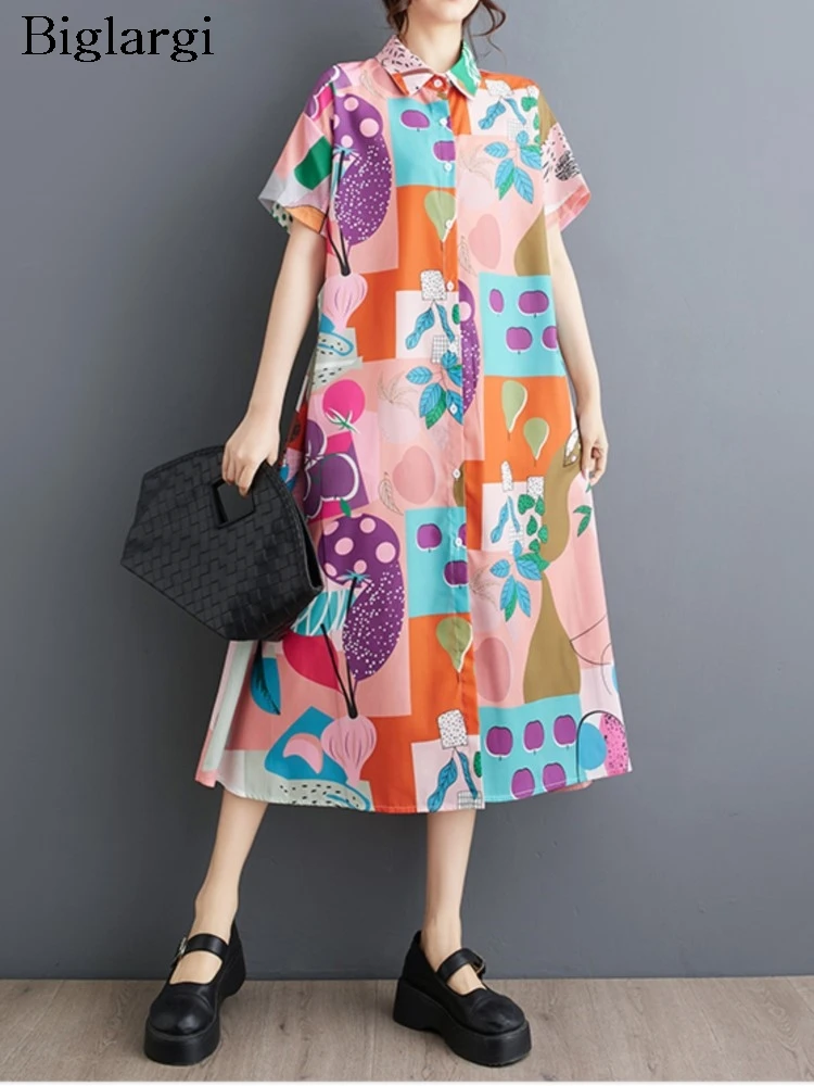 

Oversized Summer Shirts Dress Women Floral Print Modis Short Sleeve Ladies Dresses Casual Loose Pleated Woman Midi A-Line Dress