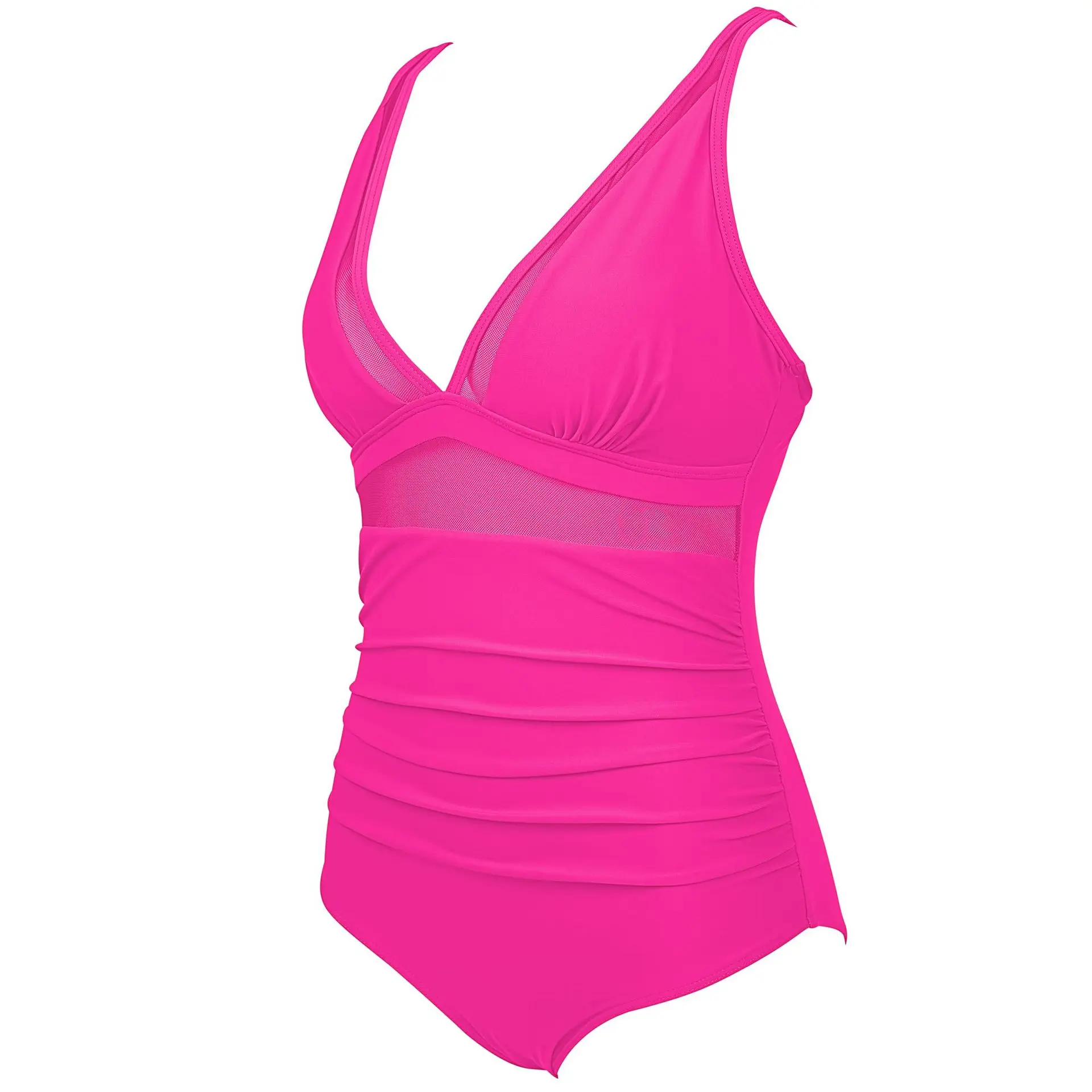 2024 Women Swimwear Sexy High Cut One Piece Swimsuit V Neck Mesh Tummy Control Red High Waisted Bathing Suit Female Monokini