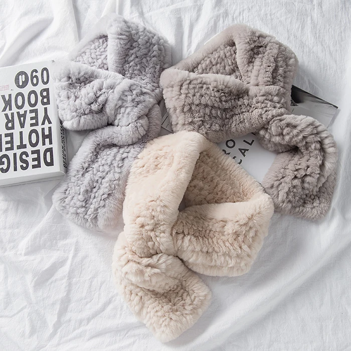 Weibliche Weiße Luxus Frauen Schal Klassische Echt Rex Kaninchen Fell Wraps Mode Damen Winter Schals – Detail 7