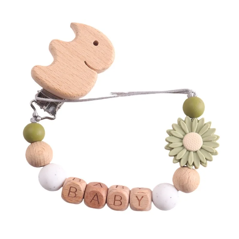Baby Personalized Name Wooden Elephant Pacifier Baby Soother Clip with Daisy Charm Beech Wood Alphabet Beads, Anti-Drop Function