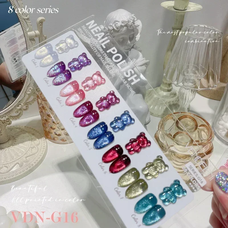8 Colors/set  Glitter Chips Diamond Gel Nail Polish Sparkling Nail Art Gel Varnish with Reflective Effect UV Nail Gel Lacquer 2