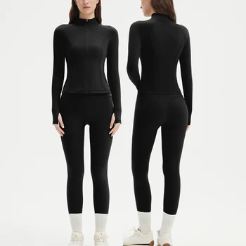 Ensemble de sport deux pièces pour femmes, veste de sport à manches longues avec fermeture éclair et leggings taille haute, ensembles de yoga sportifs respirants pour femmes
