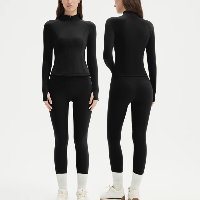 Ensemble de sport deux pièces pour femmes, veste de sport à manches longues avec fermeture éclair et leggings taille haute, ensembles de yoga sportifs respirants pour femmes 1