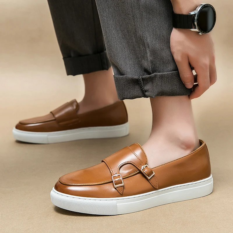 Men Fashion Vulcanized Shoes Black Brown Double Buckle British Leisure Comfort Lefu Sho European Station Walking Shoes Men Shoes