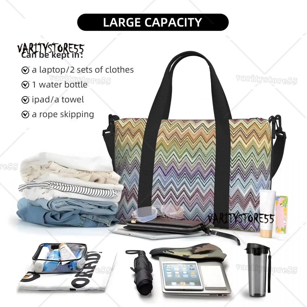 Boho Chic Modern Zigzags Beach Tote Bag for Women Extra Large Gym Carry On Geometric Multicolor Travel Shopping Bags