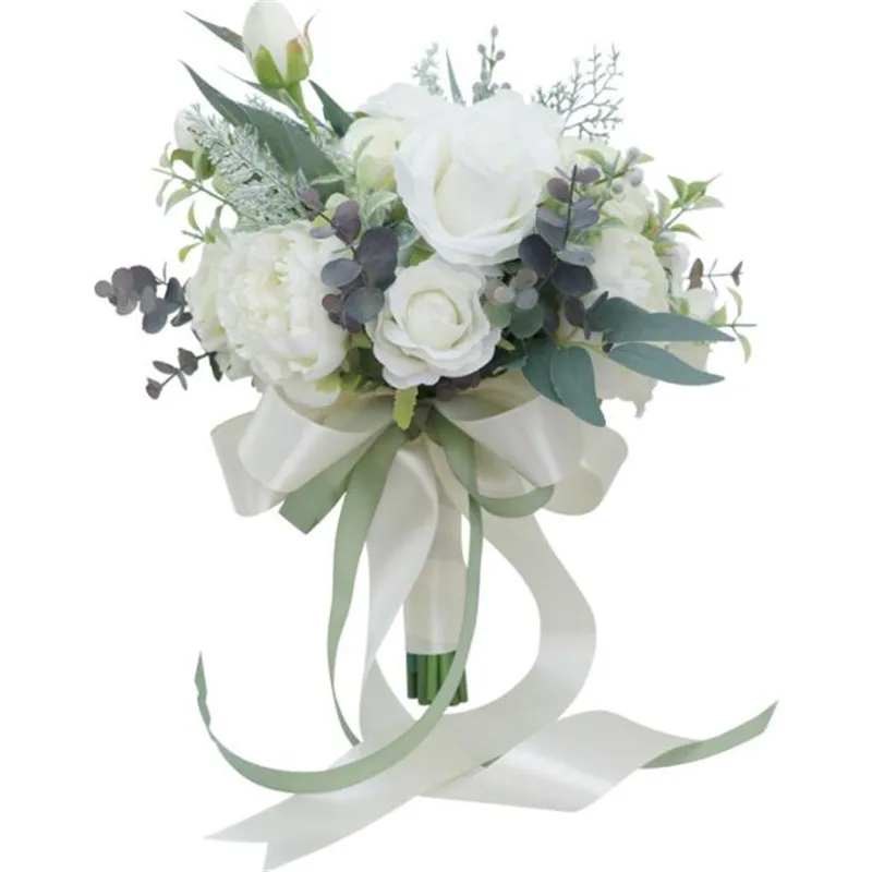 

White Bridal Bouquets Blue Roses Eucalyptus Brides Hand Holding flowers Artificial Big Wedding Party Bouquet Ramo Flores Novia