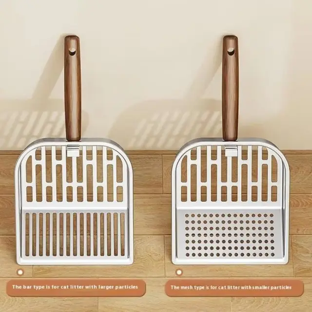 Stainless Steel Cat Litter Scoop Wooden Handle Hollow Design Pet Waste Picker Large Nonstick Surface Waste Removal Sifting Tool 5