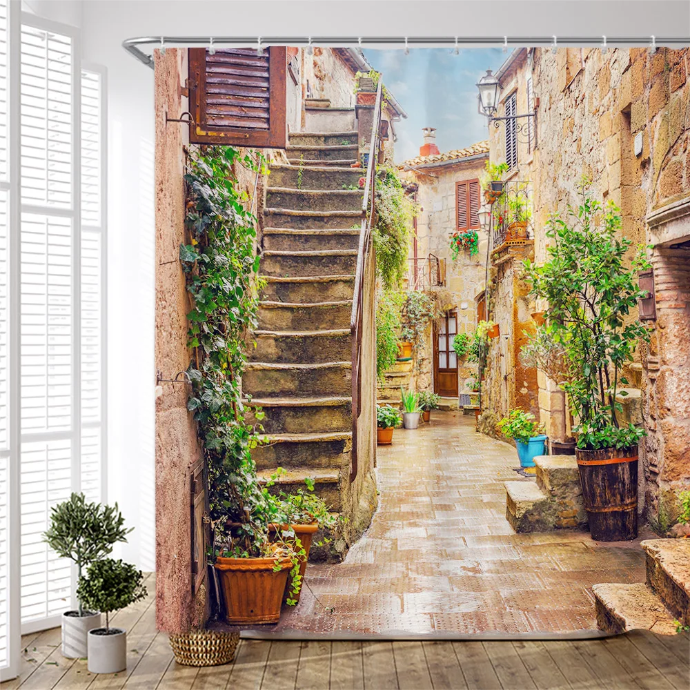 European Country Street Scenery Shower Curtain Bathroom Set Spring Red Pink Flower Retro Garden Wall Decor Hanging Curtains spring and autumn fashion zipper men s set couple street jogging pullover outdoor leisure mountaineering hot selling sportswear