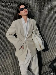 DEAT Fashion Women's Contrast Color Scarf Collar Blazer Waist Wrapped Single Button Long Sleeve Suit Jackets Spring 2024 New
