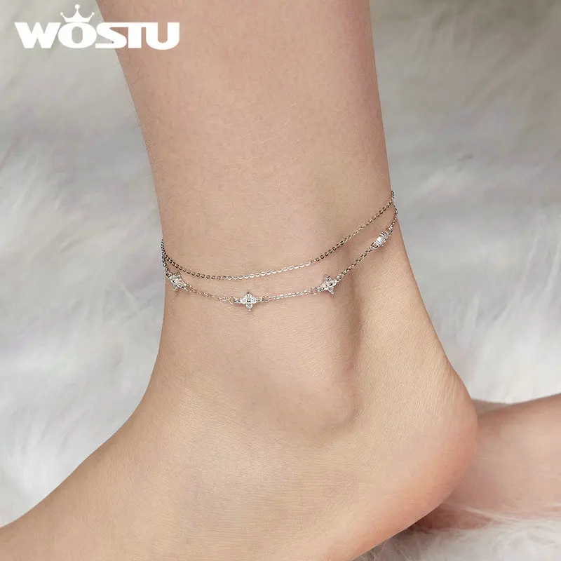 WOSTU 925 Sterling Silver Anklet Simple Shiny CZ Four-Leaf Clover Anklets for Women Senior Jewelry Accessories BST008