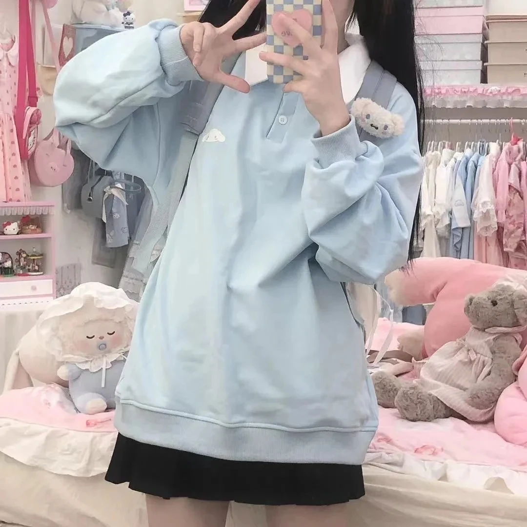 

Cinnamoroll Kawaii Polo Collar Sweatshirt Women Sweet Preppy Long Sleeve Hoodie Harajuku Oversized Cartoon Pullovers Tops Gothic