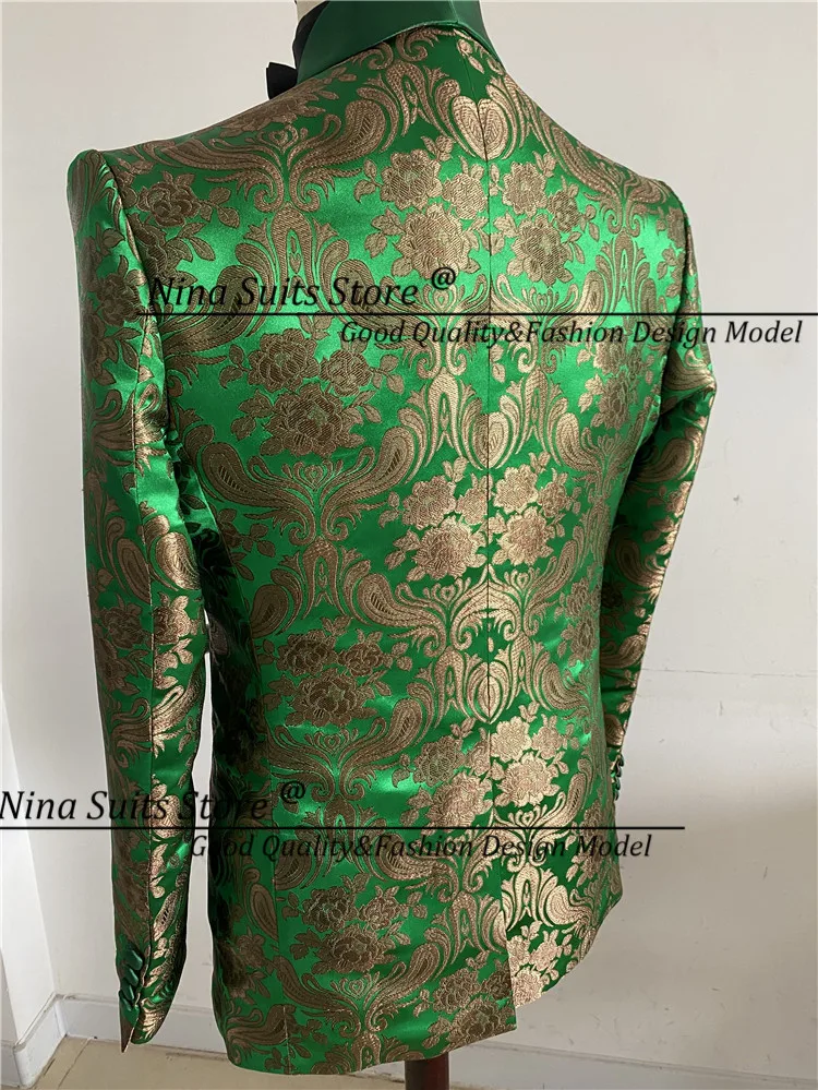 Description Picture 4 of itemGwenhwyfar Star Green Pattern Fabric Men Suits 2022 Tailor-made Groomsmen Best Man Tuxedos Suit with Gold Loquat Flower 3 Pieces