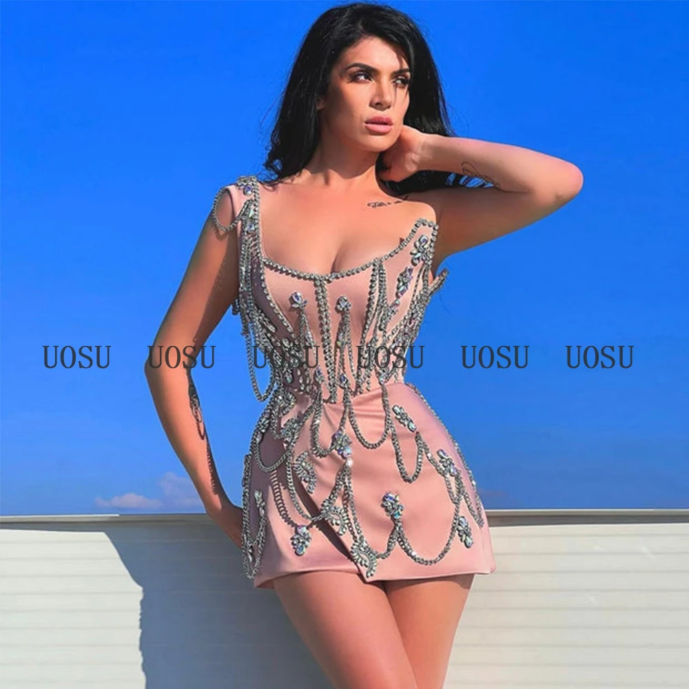 Mini Cocktail Dress Sparkly Crystal Rhineston Sexy Cocktail Gown One Shoulder Asymmetrical Sleeveless Luxury Short Evening Dress