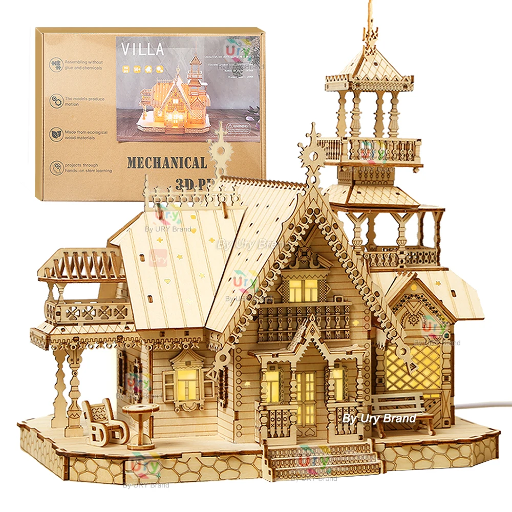 Puzzle in legno 3D Villa House Castello reale con assemblaggio di luci Giocattolo per bambini Kit modello fai da te per adulti Decorazione da scrivania per regalo