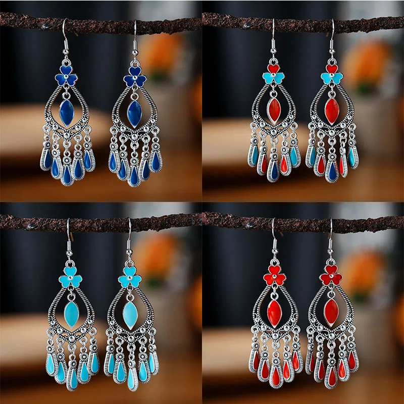 Ethnische Tropfen Öl Blume Wasser Tropfen Vintage Ohrringe für Frauen Einfache Temperament Silber Farbe Legierung Baumeln Ohrring Schmuck
