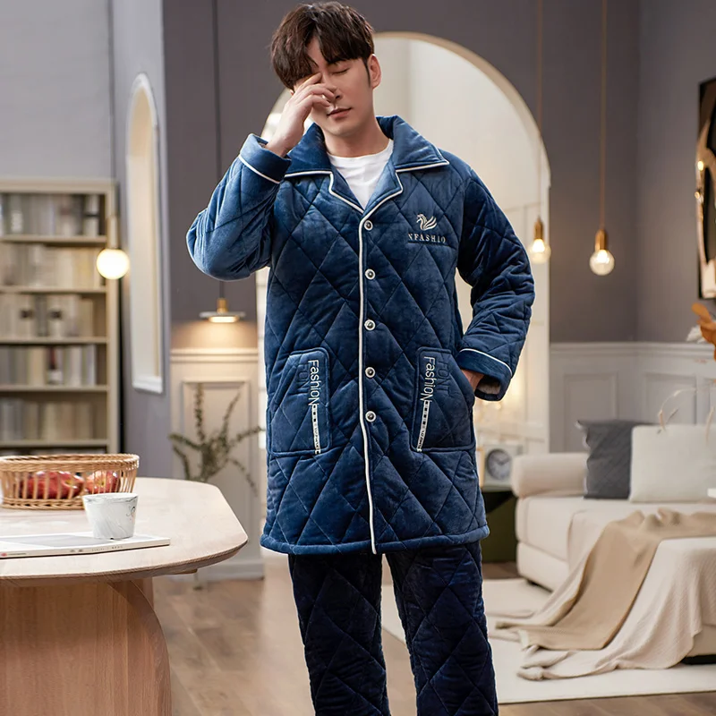 

Трехслойная Толстая хлопковая зимняя мужская пижама кардиган средней длины Мужская домашняя одежда теплая и плотная