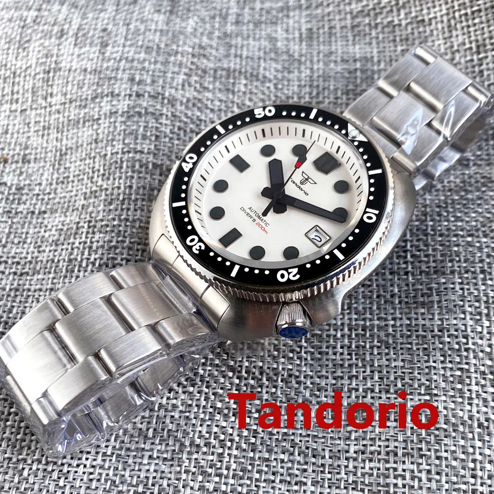 44mm Tandorio NH35A Automatic Movement Mens Watch 20ATM Diver Sapphire Glass Green Luminous Rubber/Stainless Steel Strap Date