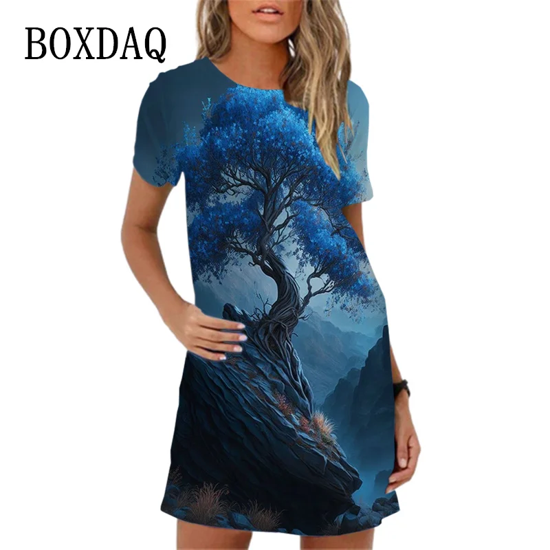

Classics Landscape Tree 3D Oil Painting Style Women Dresses Summer New 2023 Short Sleeve Mini Dress Ladies Casual Loose Vestidos