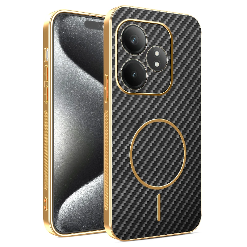Premium Electroplating Leather Carbon Fiber Magnetic Ring Phone Case - Anti-Fall Protection