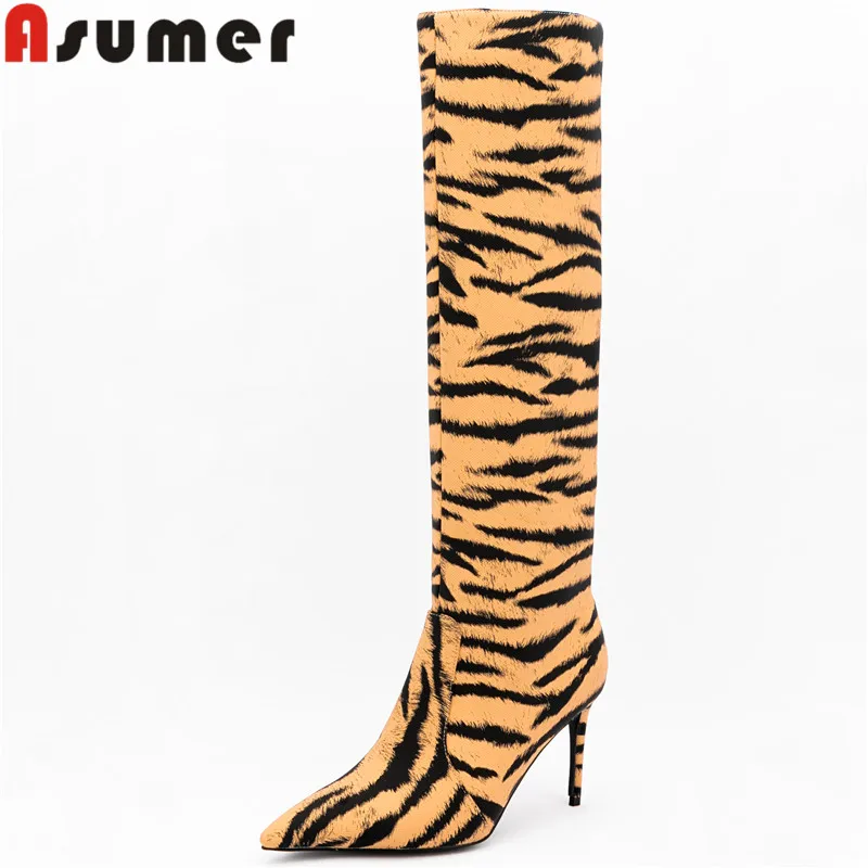 

ASUMER 2022 Plus Size 34-47 New Animal Prints Microfiber Slip On Knee High Boots Thin High Heels Boots Ladies Fashion Shoes