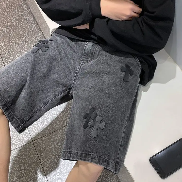 American cross-print denim shorts men's summer thin Hong Kong style loose trousers denim shorts summer jeans shorts
