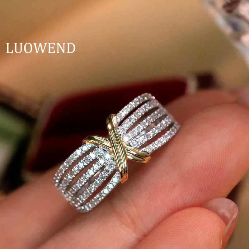 LUOWEND 100% 18K White Gold Rings Natural Diamond Ring Fashion Row Drills Ring for Women Party luxury headpiece glass drills headband cross baroque hair accessories crystals hairband solid party headdress wide head band
