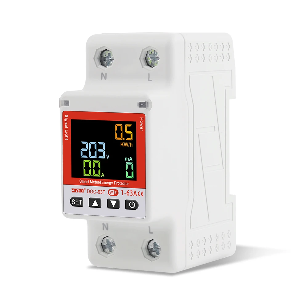 2P WIFI Smart Circuit Breaker DGC-63T Remote Control 1-63A Adjustable Switch Timer Voltage Current Temperature Leakage Protect