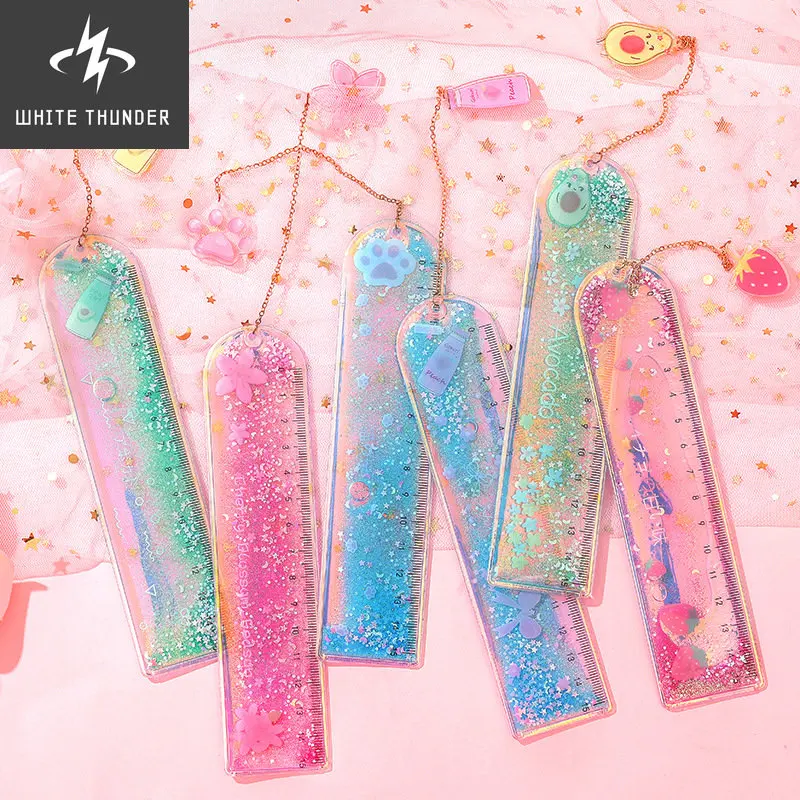 15 CM 아보카도 고양이 반짝이 눈금자 다기능 DIY 그리기 도구, 학생 꽃 눈금자 더블 듀티 학교 사무용품 포함 Escolar