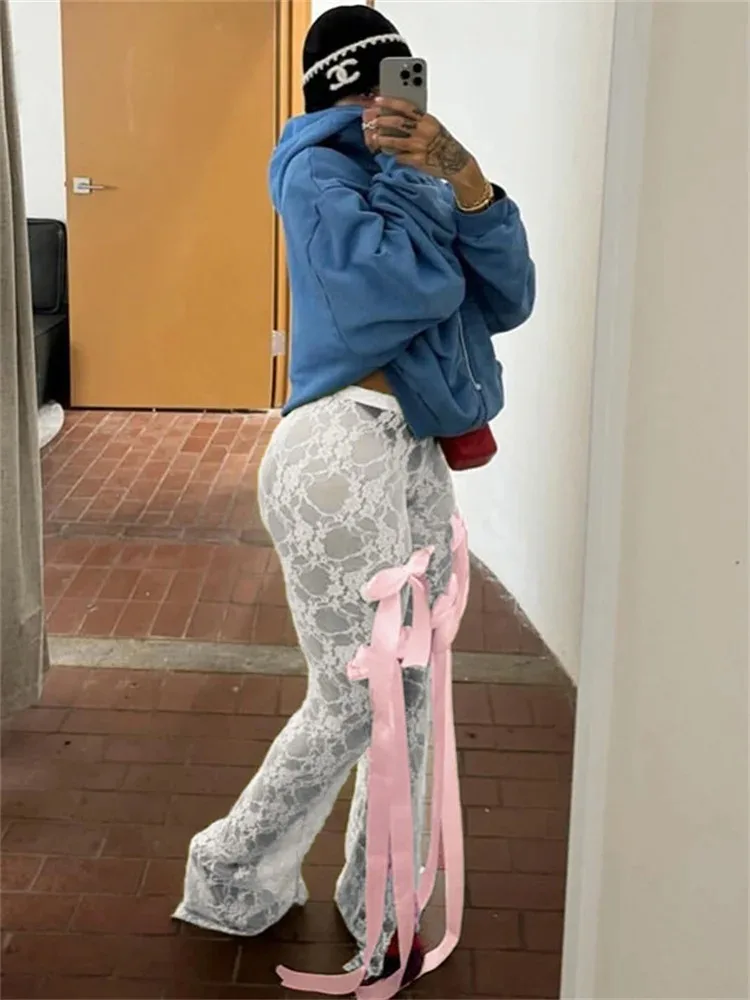 Tossy Bow Lace See-Through Trousers Female Printed High Waist Fashion Summer Sexy Mesh Women's Pants Patchwork Slim Trousers