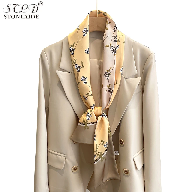 

2023 Novely Flower Print Imitation Silk Neck Scarf For Women Headband Decorative Summer Dress Belt Narrow Long Streamer Tie Wrap