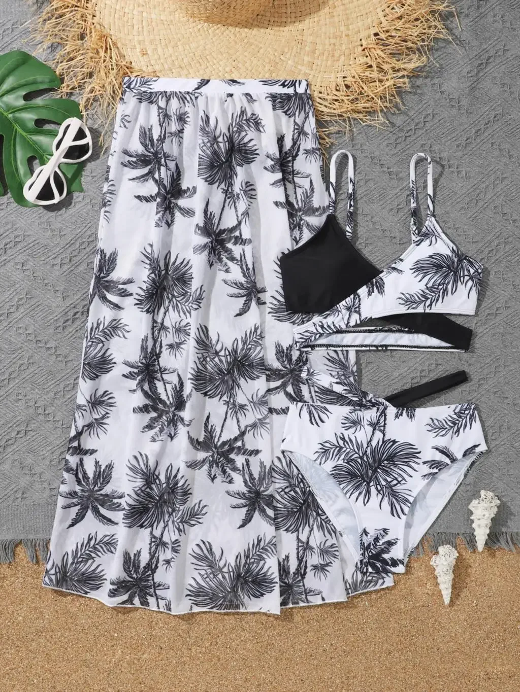 Girl 3pack Palm Tree Print Bikini Swimsuit with Beach Skirt Children's Swimwear for 7-12 Years Swimming Bathing Suit