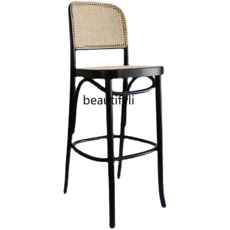 

Rattan Bar Stool Bar Chair Solid Wood Backrest Home High Stool Nordic Stool Swivel Chair