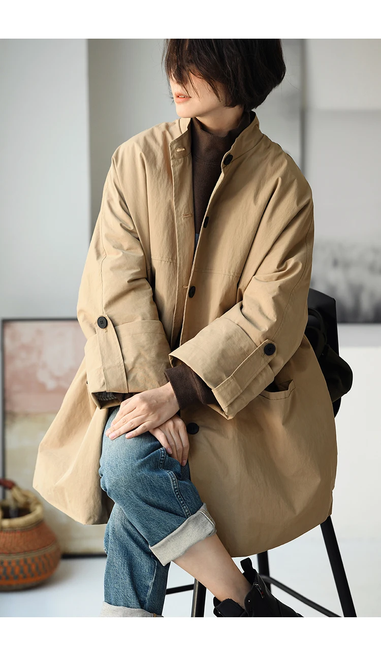 F92220 Artistic Casual Stand-Up Collar Oversize Adjustable Wide-Sleeve Cotton Jacket Coat for Women Winter