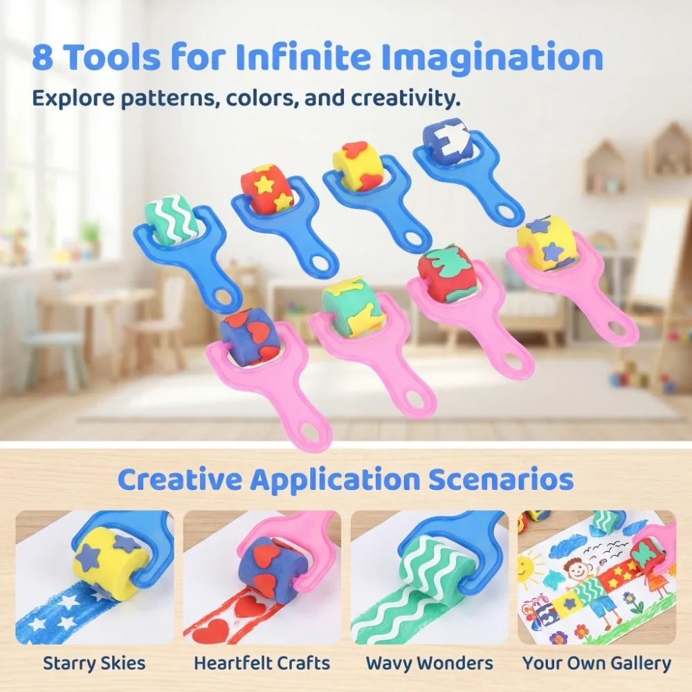 8PCS 소프트 스펀지 헤드 스펀지 롤러 브러쉬 부드러운 롤링 접촉 경량 핸드헬드 폴 DIY 페인팅 롤러 도구