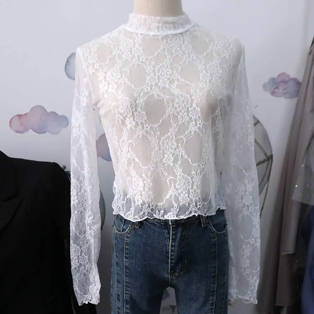 Sweet Floral Lace Bottomed Blouse Embroidery Hollow Long Sleeve Mesh Top French Style Spicy Girl Outfit Party