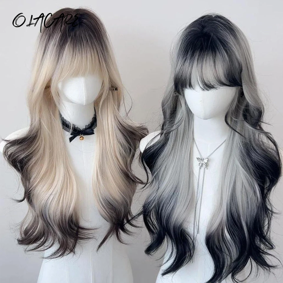 Brown Black Synthetic Wig with Bangs for Women