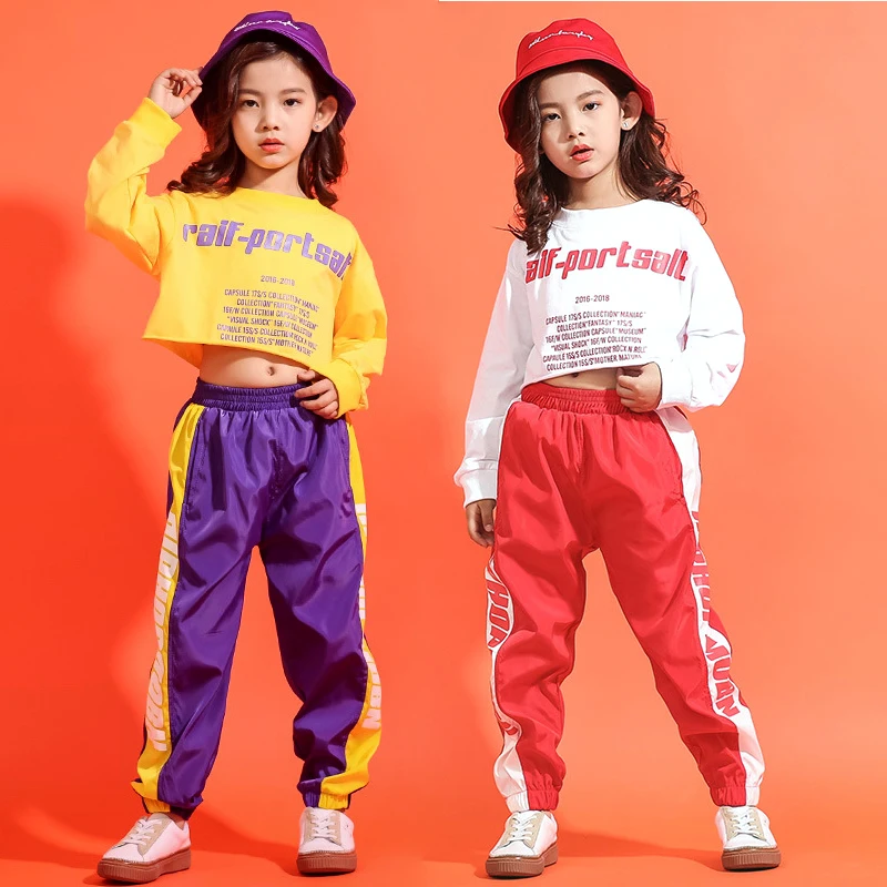 Long Sleeve Cold Shoulder Crop Top Jeans Joggers Set Girls Hip Hop Dance Clothes