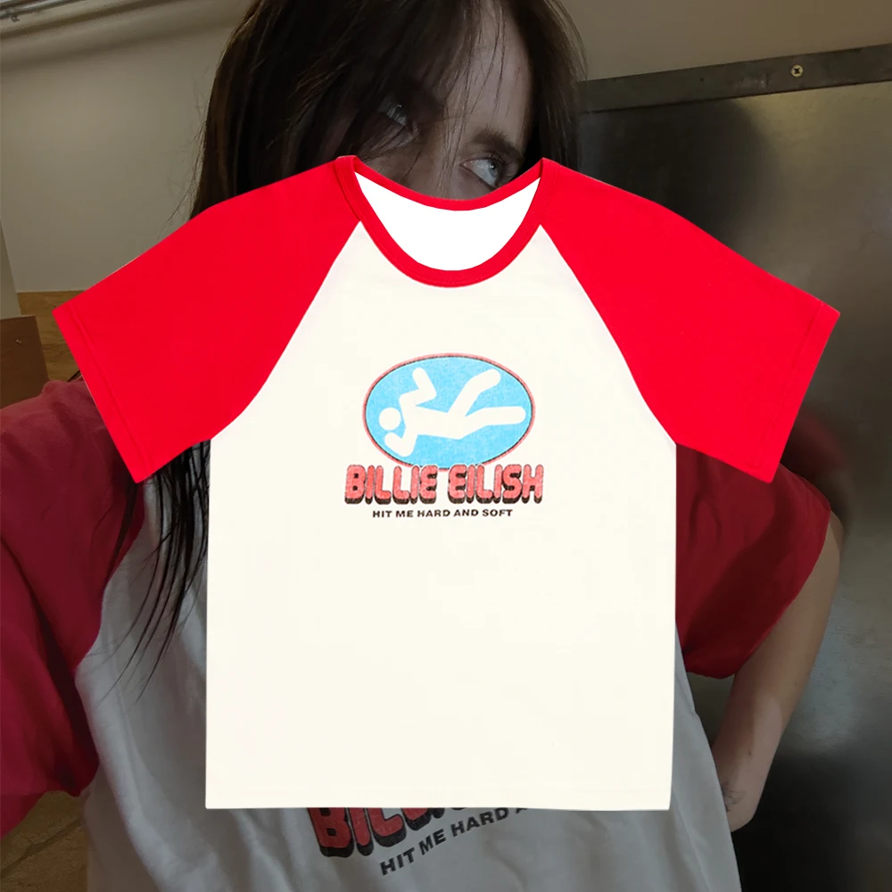 Unisex Retro Red White Raglan T-Shirt Eilish "Hit Me Hard and Soft" Print Breathable Casual Streetwear Concert Tee for Fans Gift