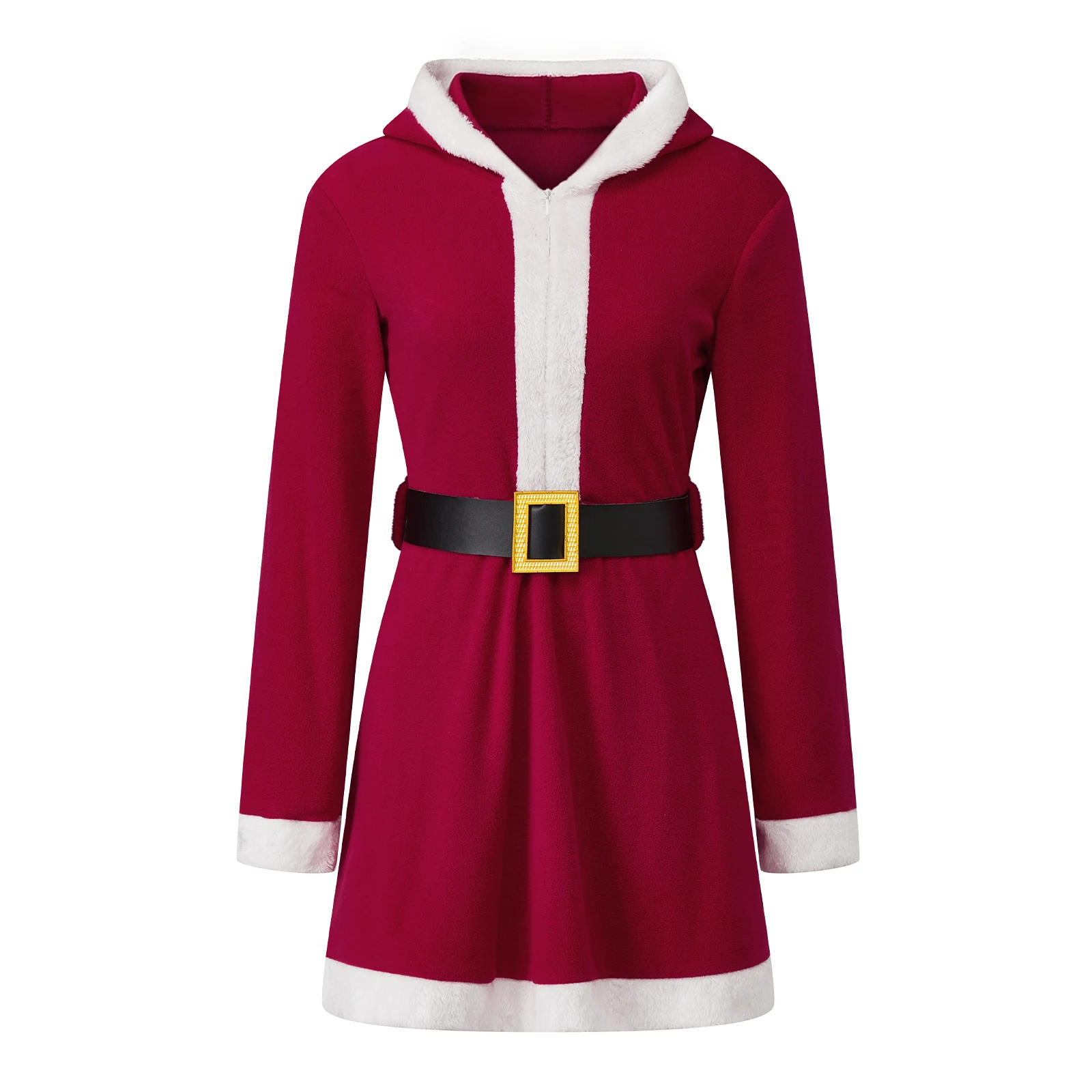 Women's Santa Claus Costume Funny Christmas Fur Trim Hooded Skater Dresses with Belt for Cosplay Party