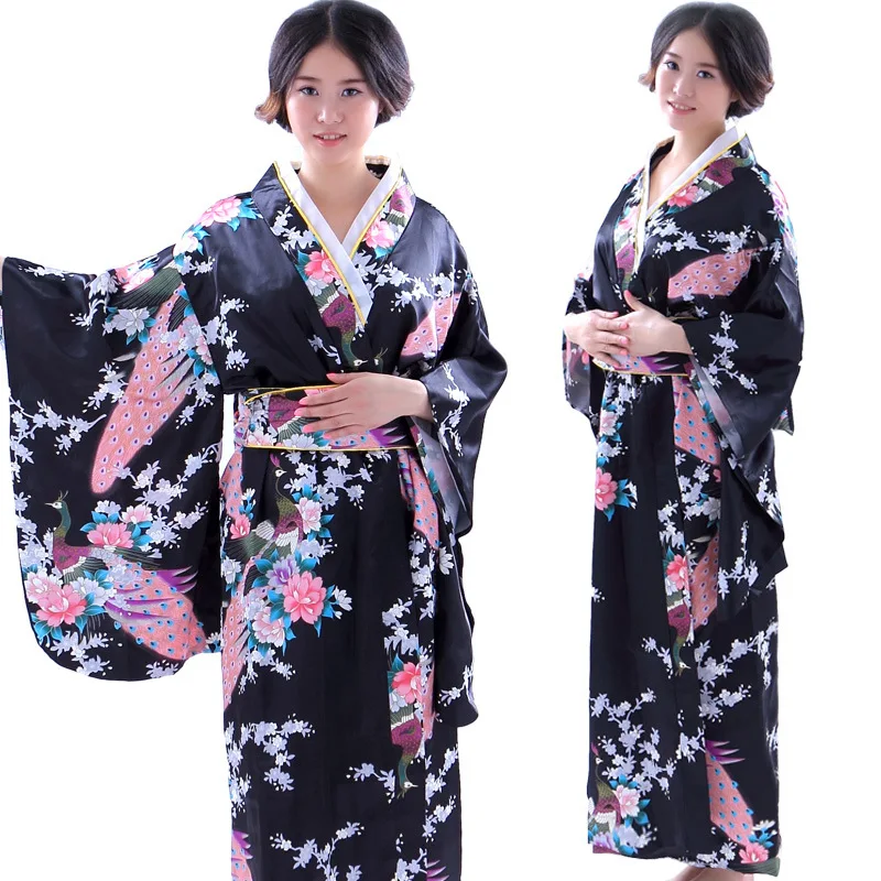 Peacock Japanese Traditional Costume Woman Silk Kimono Yukata Evening Dress Cosplay Kimono Japones Haori Mujeres Quimono 89